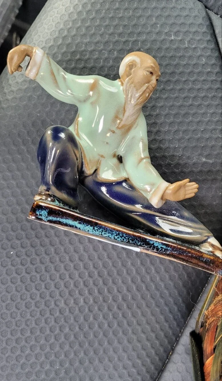 Hand-Painted Ceramic Martial Arts Figurine in Beige and Blue Mud Man Vintage